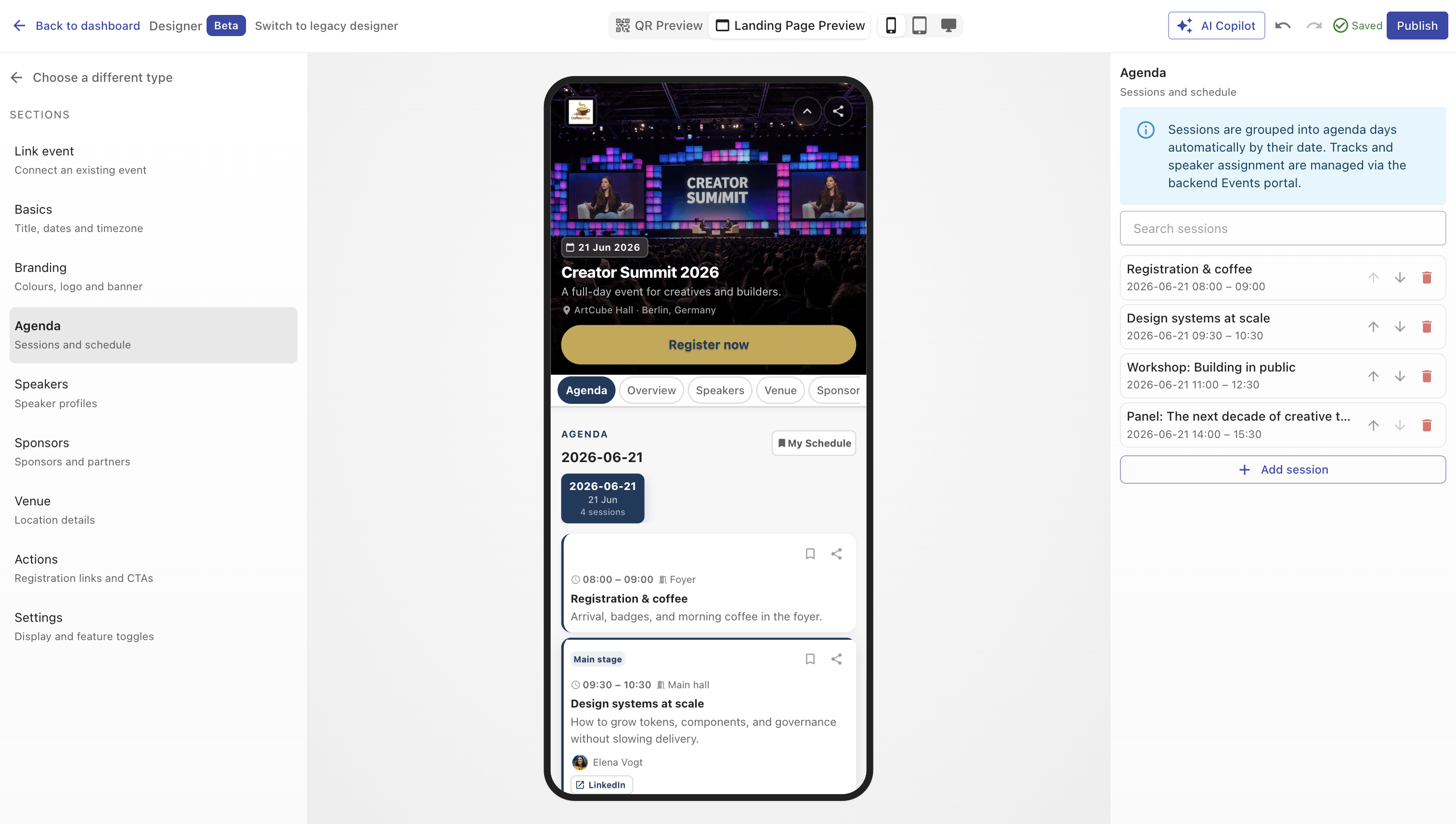 Event page configuration