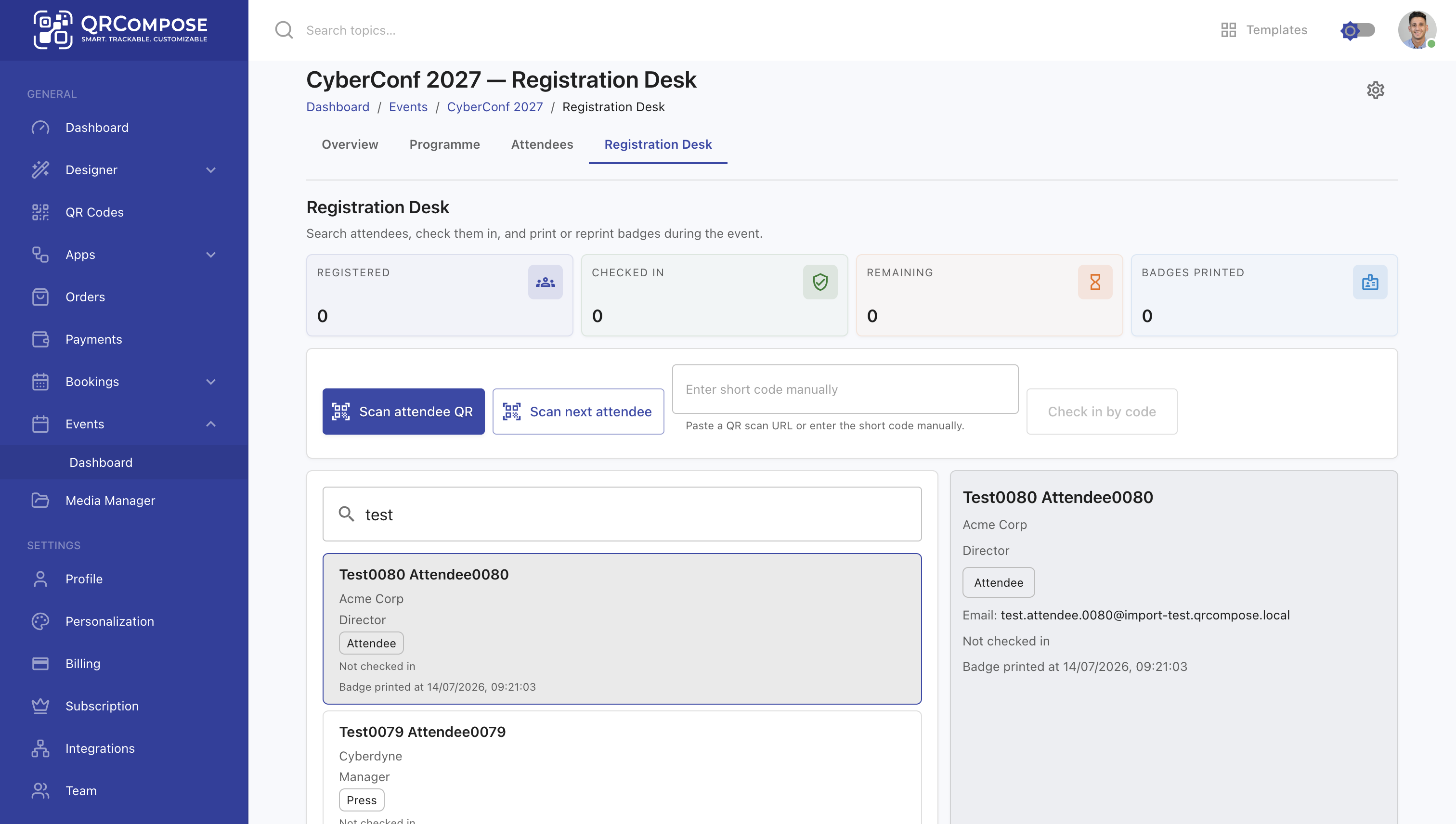 QRCompose event management software dashboard showing attendees, event check-in and conference operations