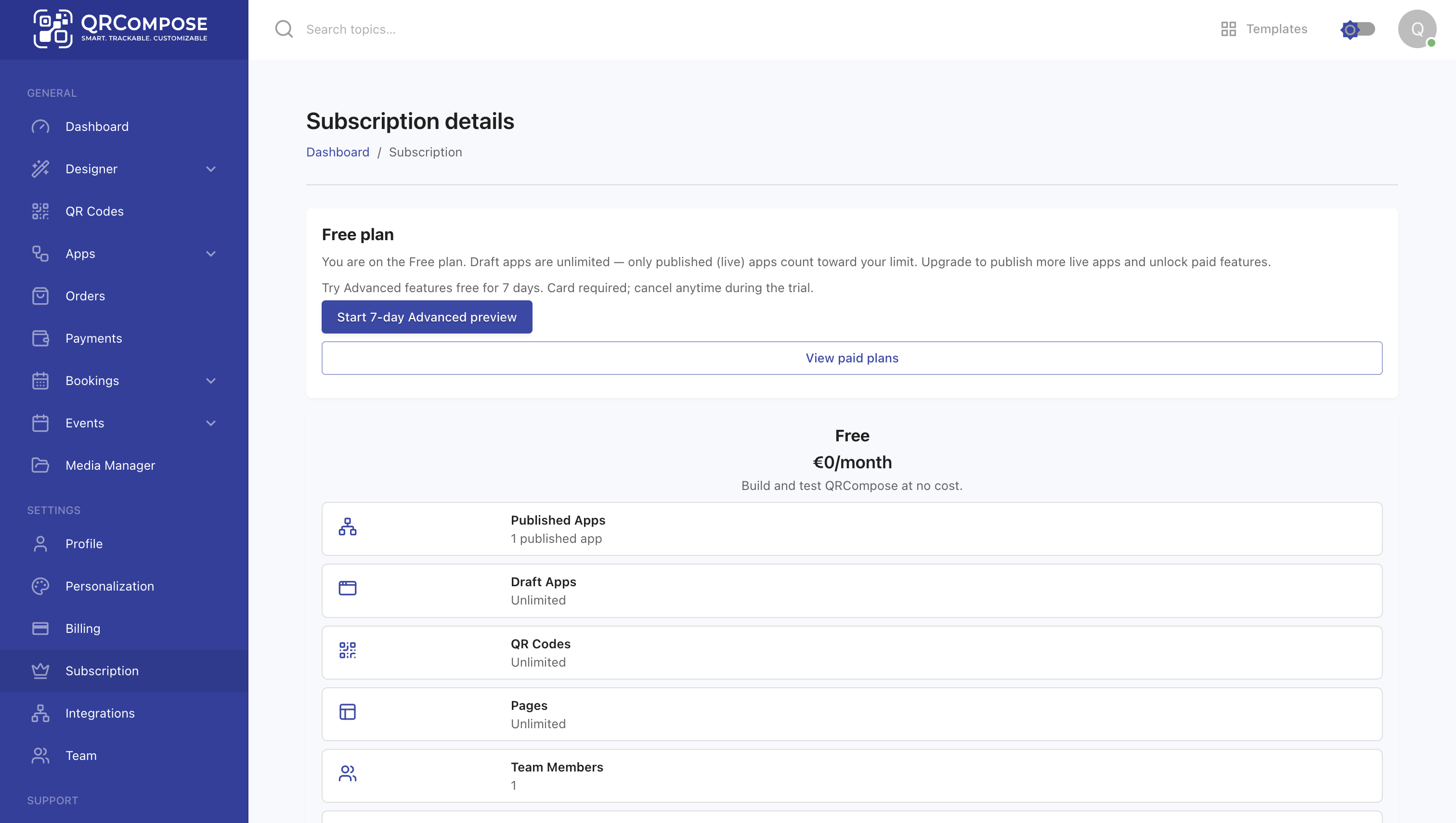 Subscription settings on Free plan